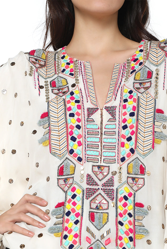 Off White Colour Mukaish Silk Top