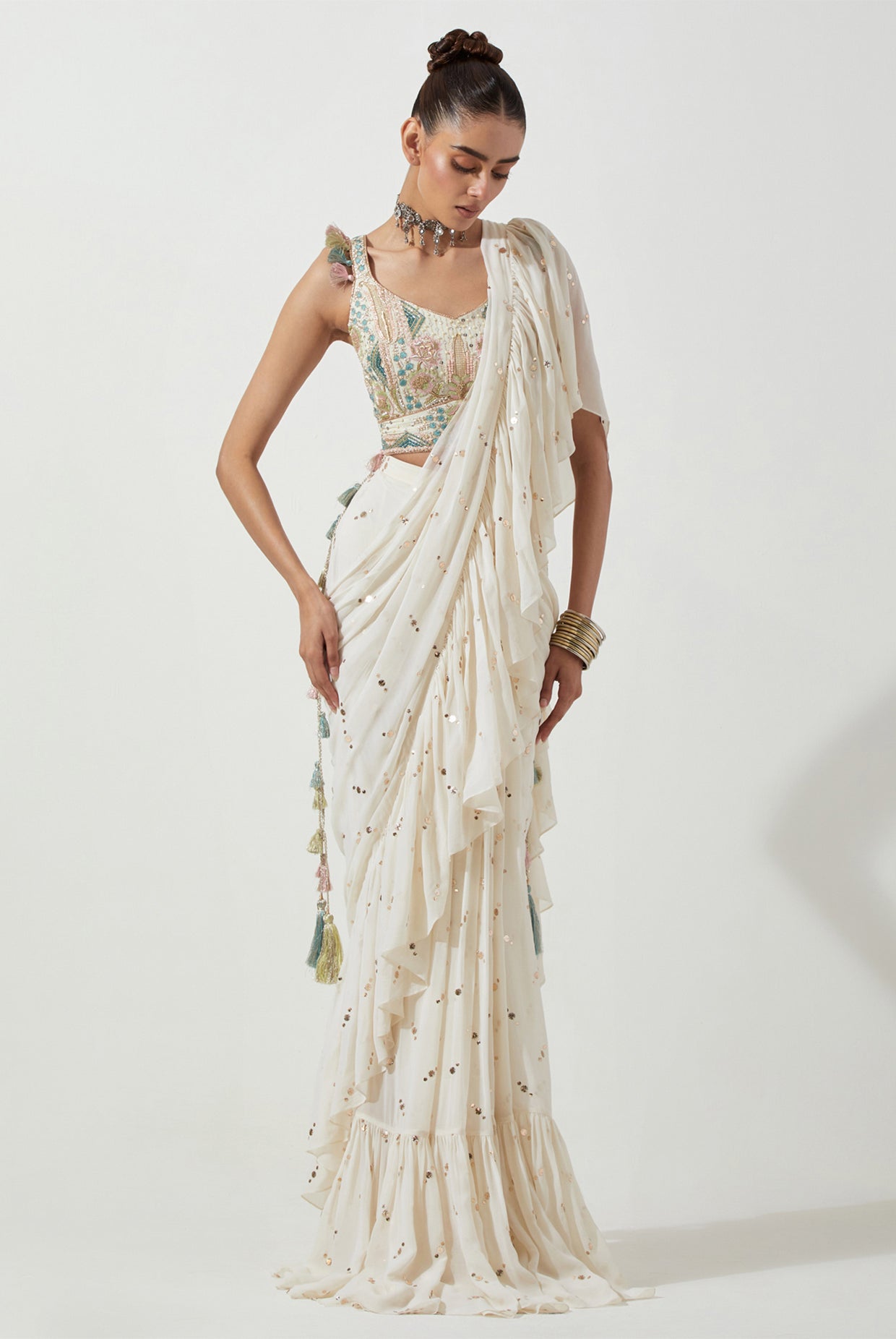 OFF WHITE EMBROIDERED CHOLI WITH FRILL SAREE