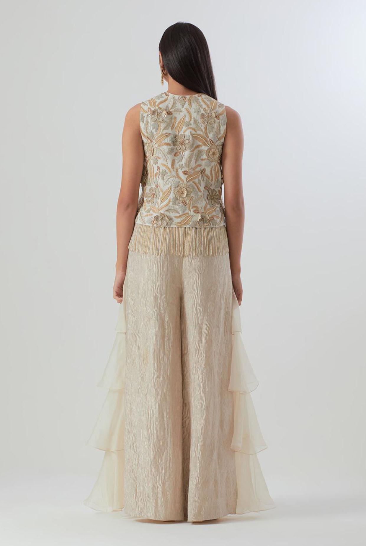 Off-White Embroidered Jacket With Bustier And Tissue Pant With Side Ruffles