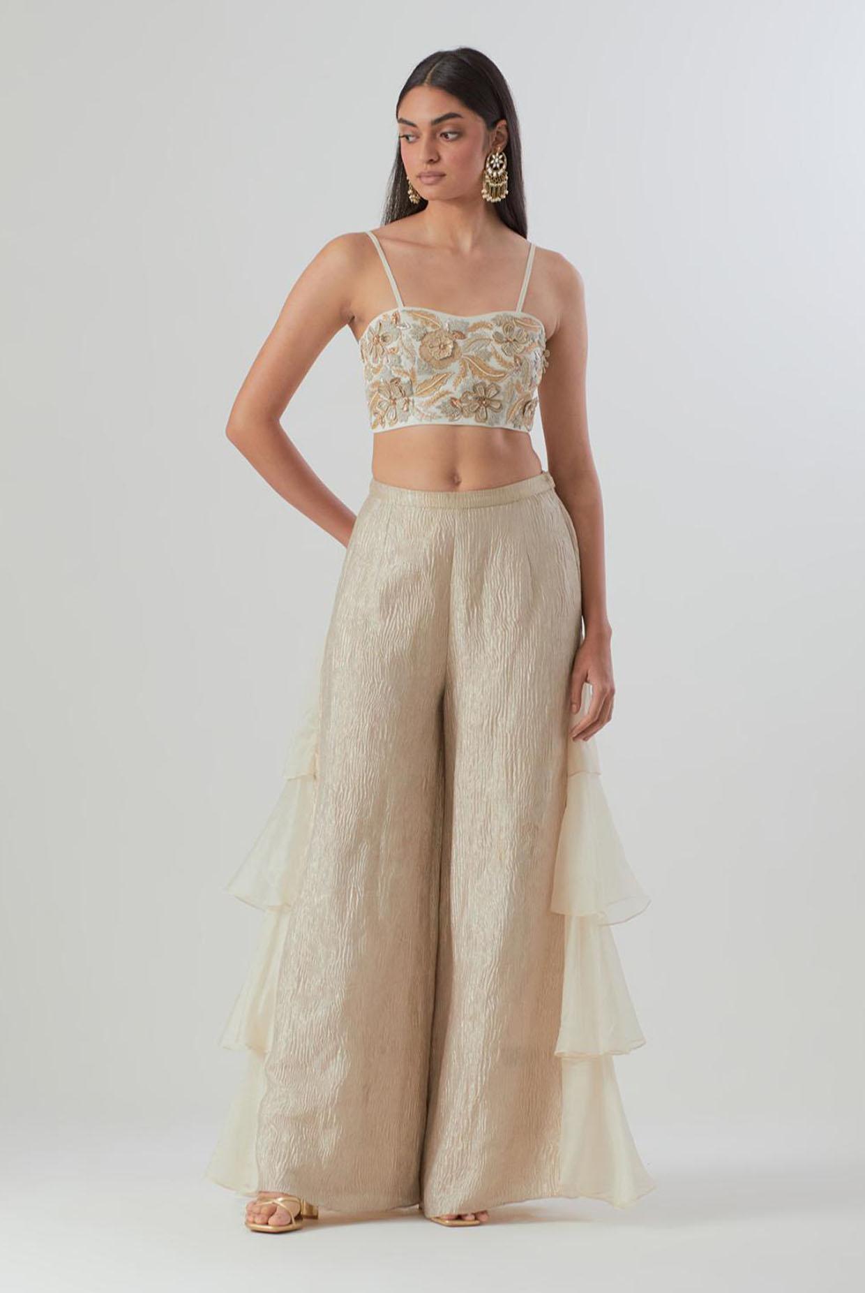Off-White Embroidered Jacket With Bustier And Tissue Pant With Side Ruffles