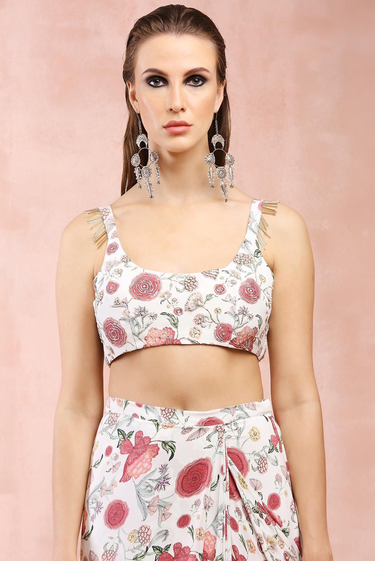 Off White Gulbagh Print Embroidered Choli With Pre-Stitched Frill Saree