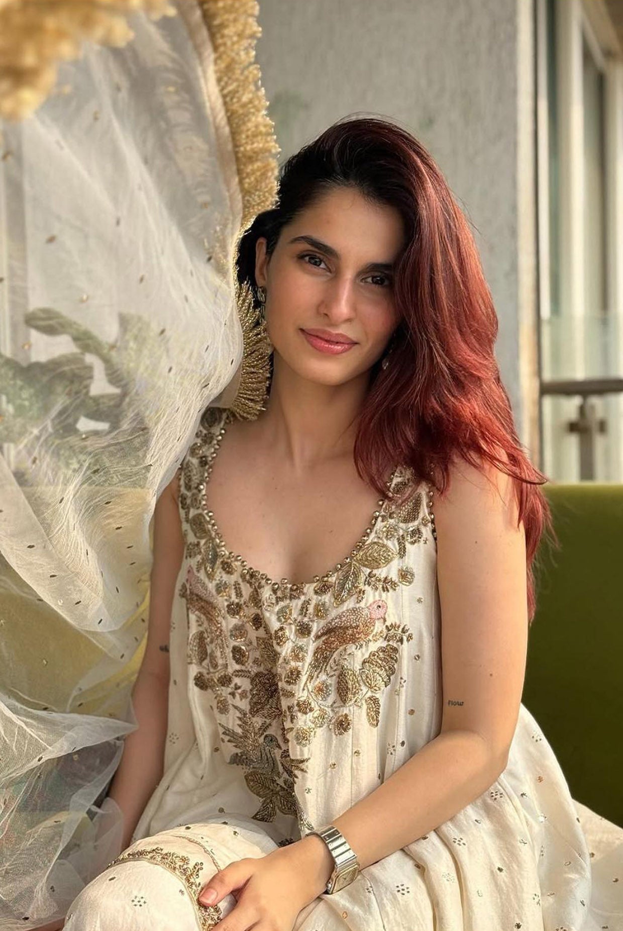 Off-White Mukaish Anarkali with Sharara and Dupatta