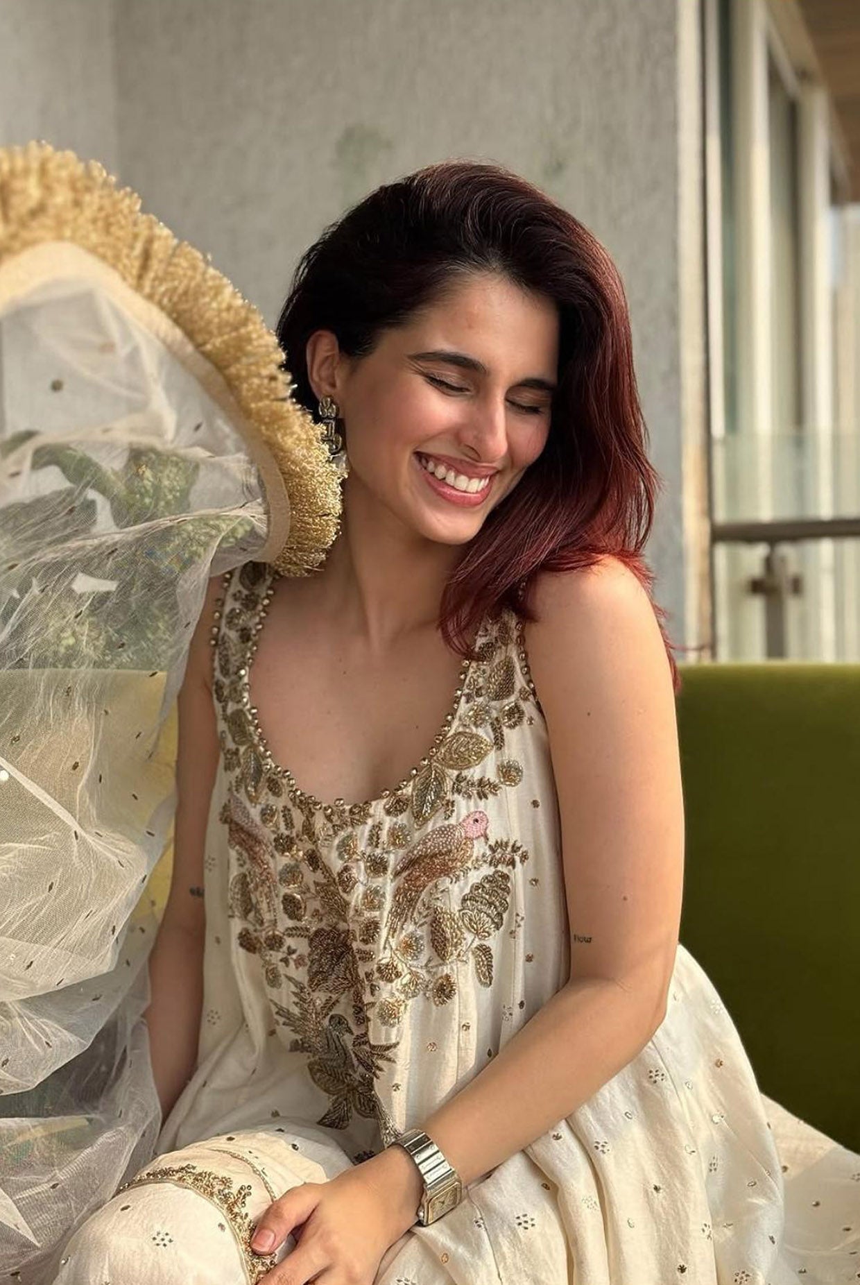 Off-White Mukaish Anarkali with Sharara and Dupatta