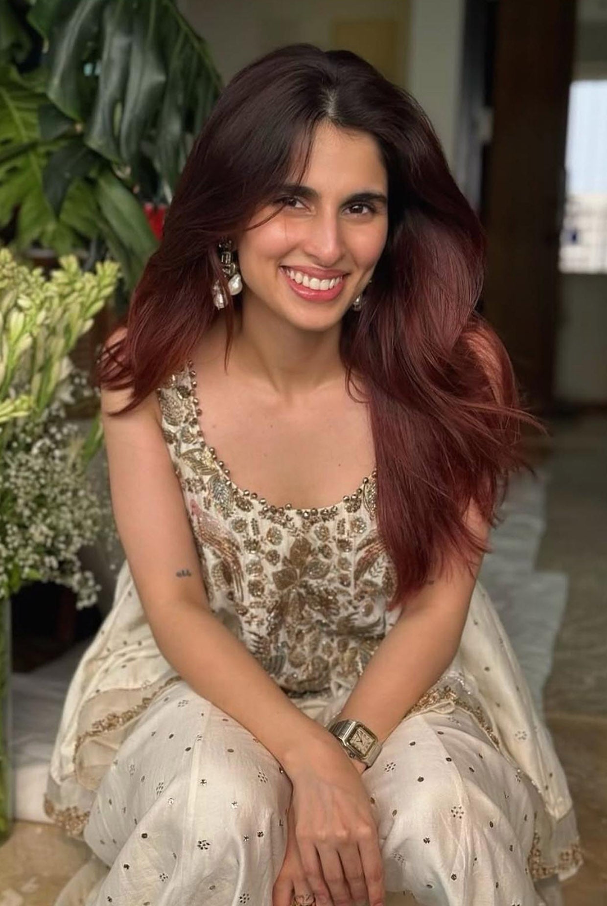 Off-White Mukaish Anarkali with Sharara and Dupatta