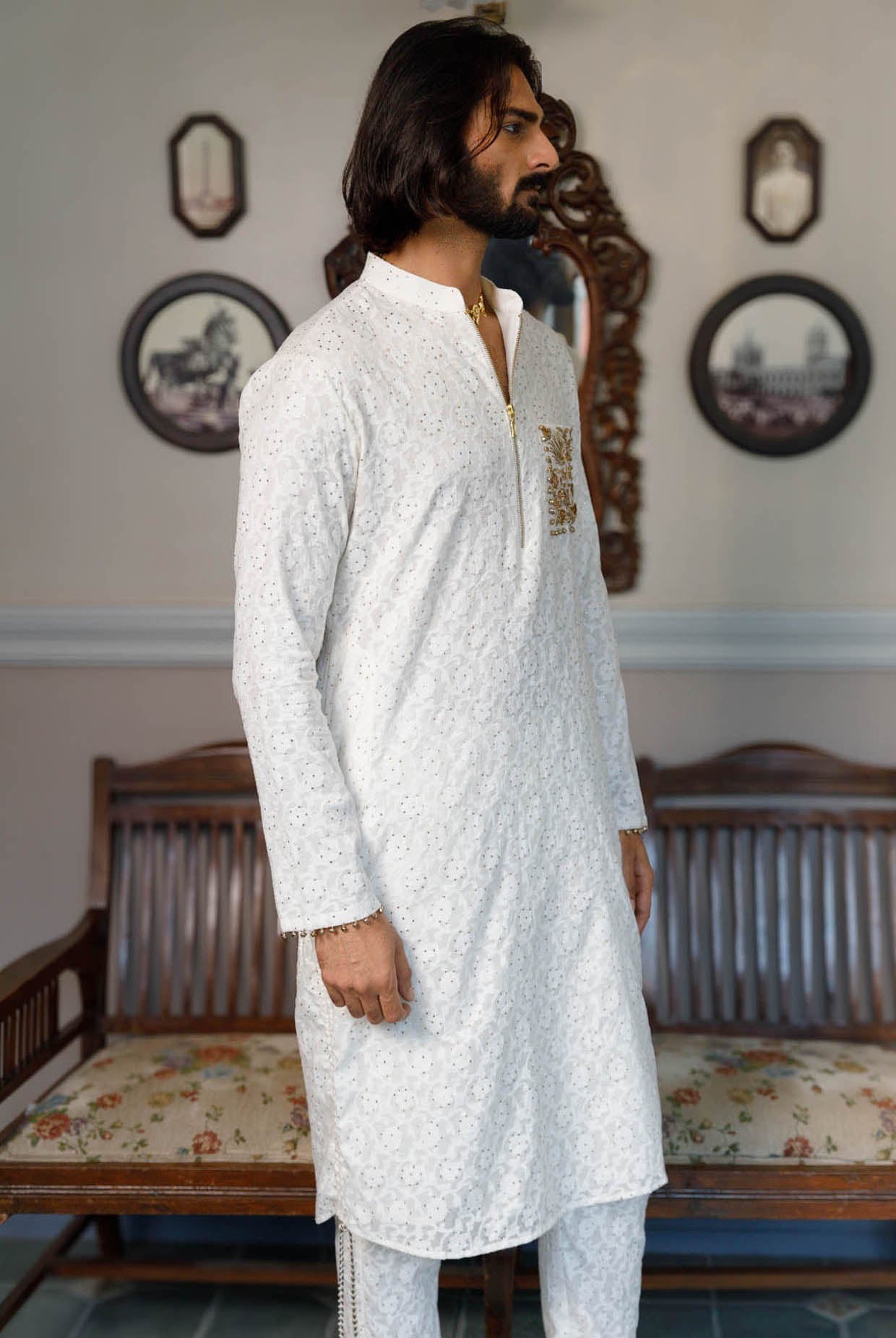 Off White Pocket Embroidered Kurta With Pant