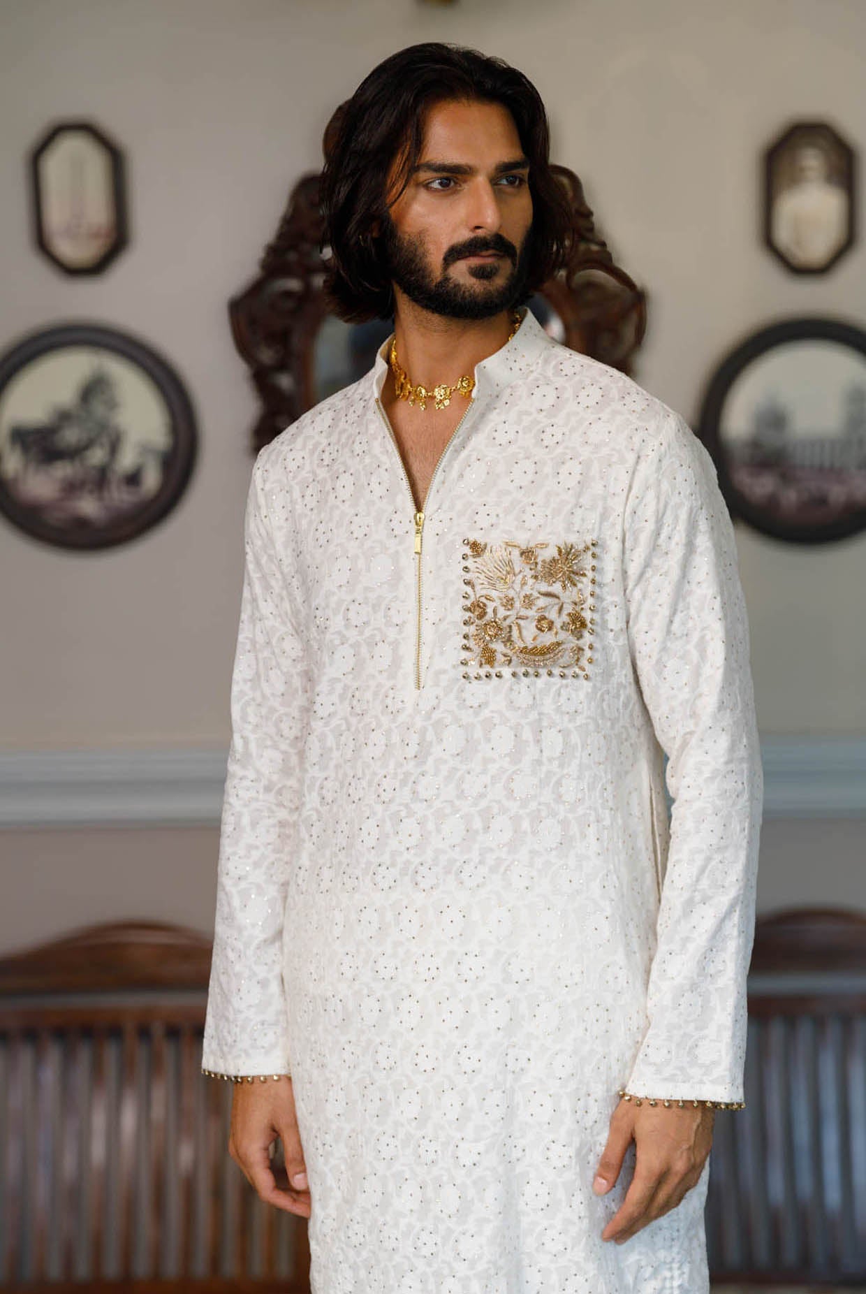 Off White Pocket Embroidered Kurta With Pant