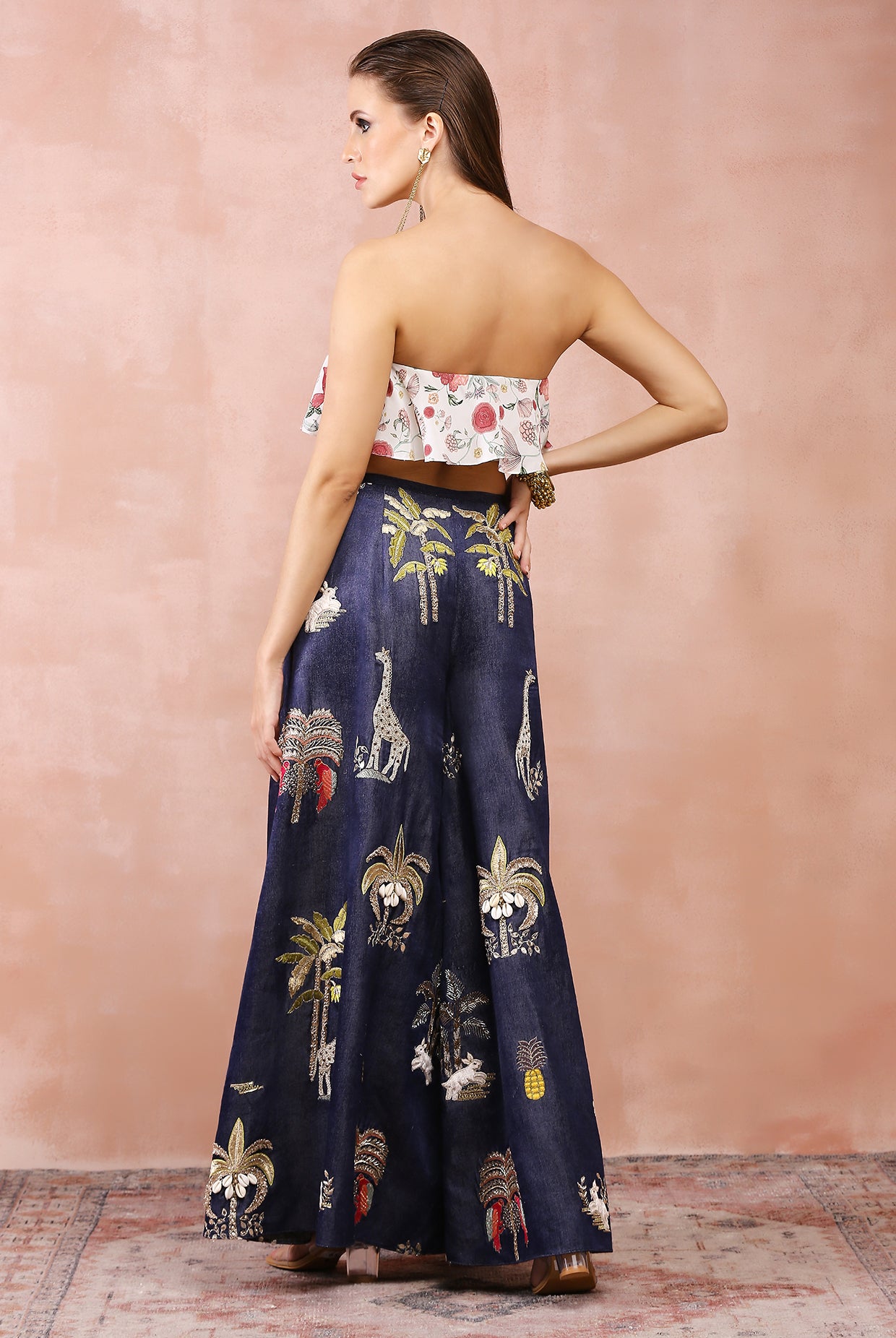 Off White Ruffle Bustier With Denim Embroidered Wide Leg Pants
