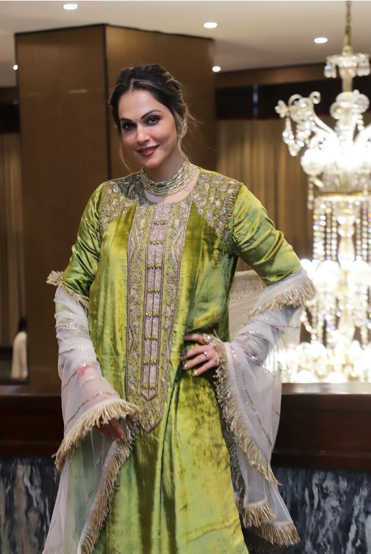 OLIVE VELEVET EMBROIDERED KURTA AND CHURIDAR WITH NET DUPATTA