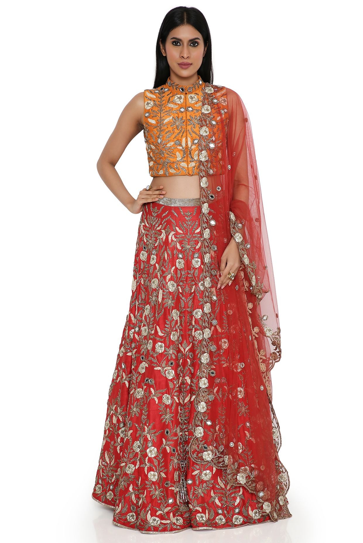 Orange Dupion Silk Embroidered Choli & Red Dupion Silk Embroidered Lehenga With Red Net Embroidered Dupatta