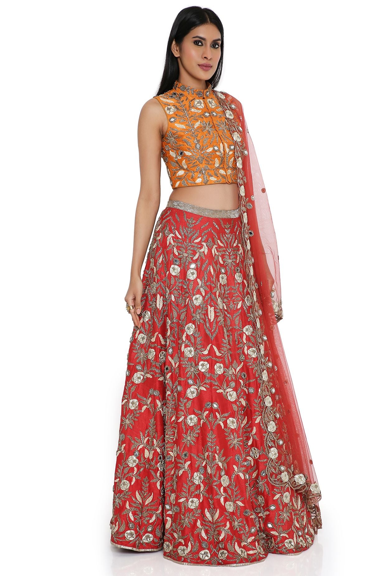 Orange Dupion Silk Embroidered Choli & Red Dupion Silk Embroidered Lehenga With Red Net Embroidered Dupatta