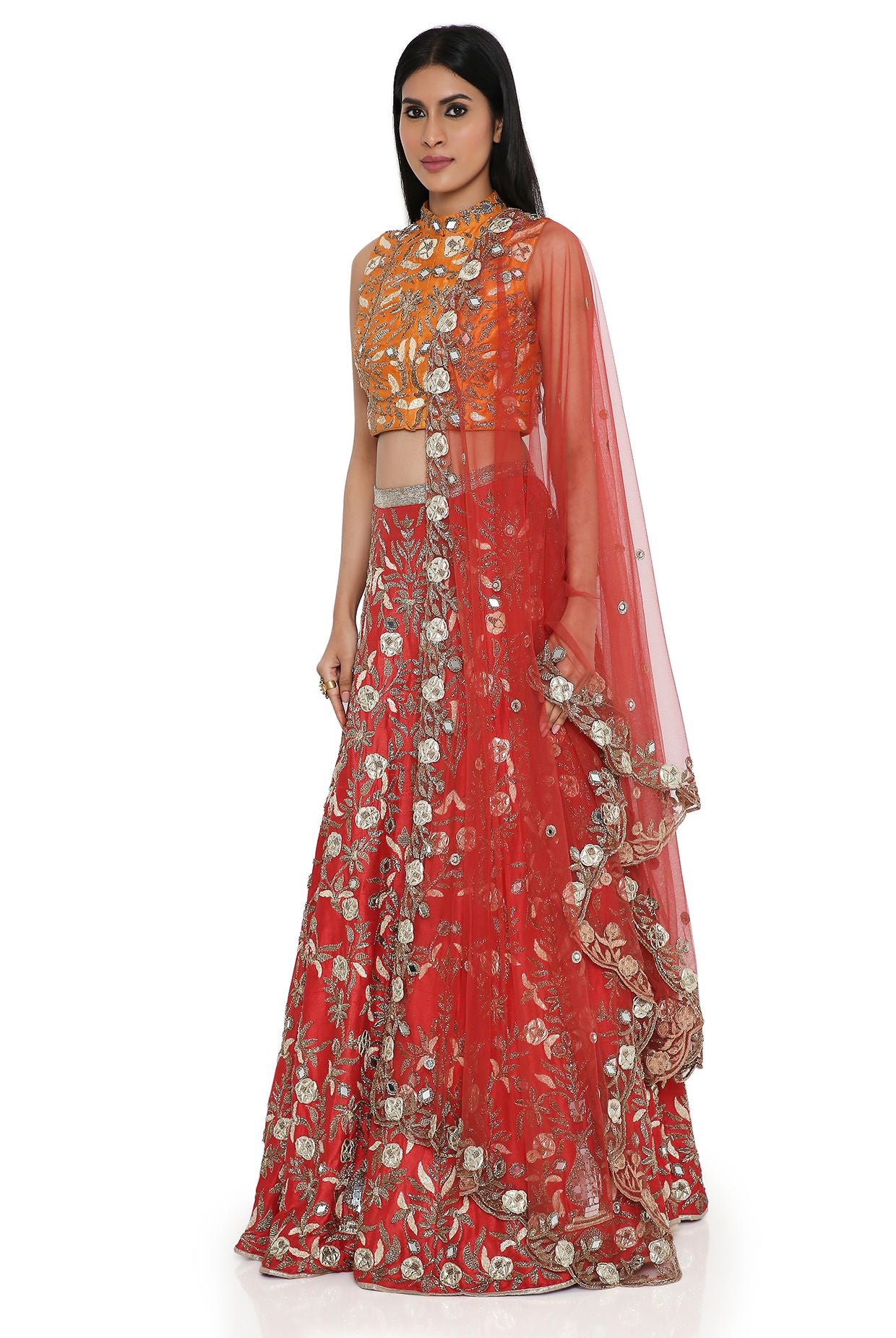 Orange Dupion Silk Embroidered Choli & Red Dupion Silk Embroidered Lehenga With Red Net Embroidered Dupatta