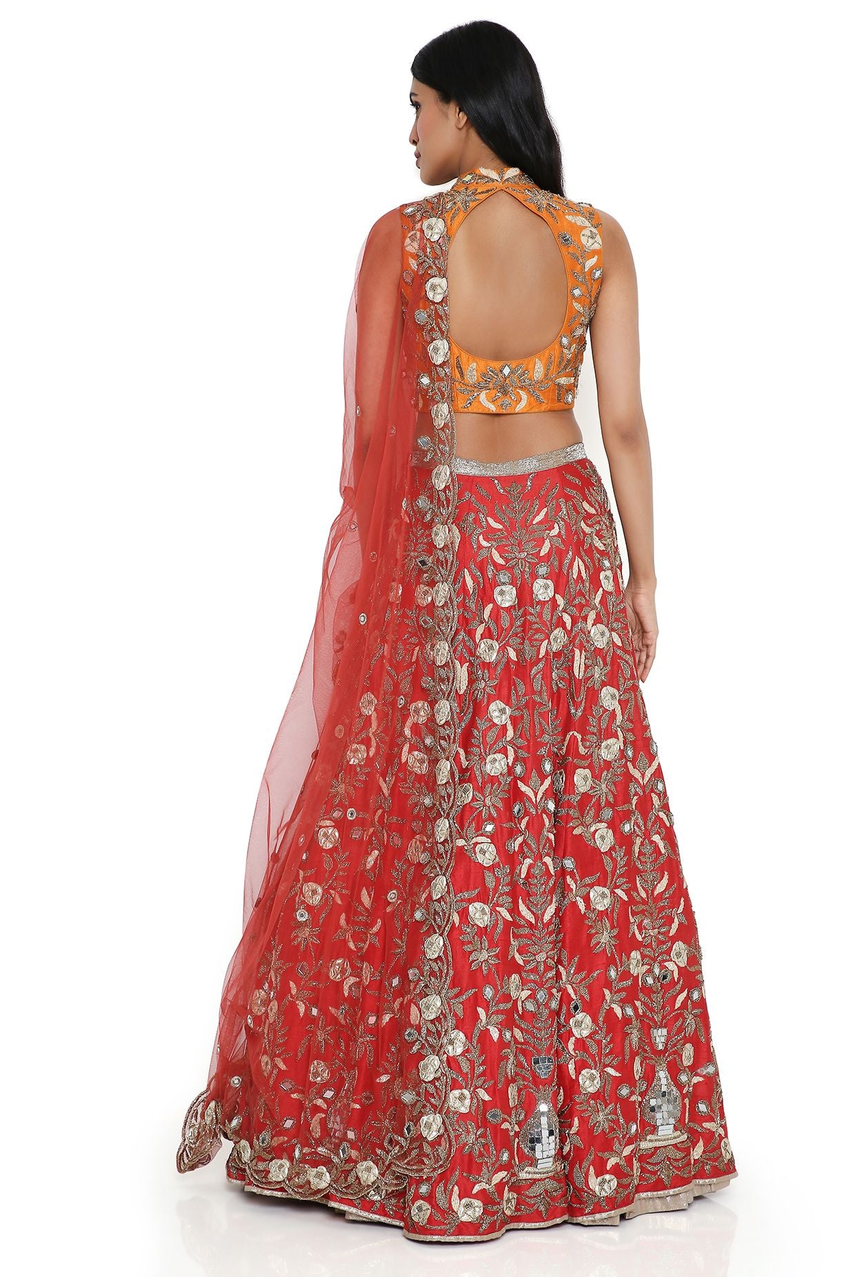 Orange Dupion Silk Embroidered Choli & Red Dupion Silk Embroidered Lehenga With Red Net Embroidered Dupatta