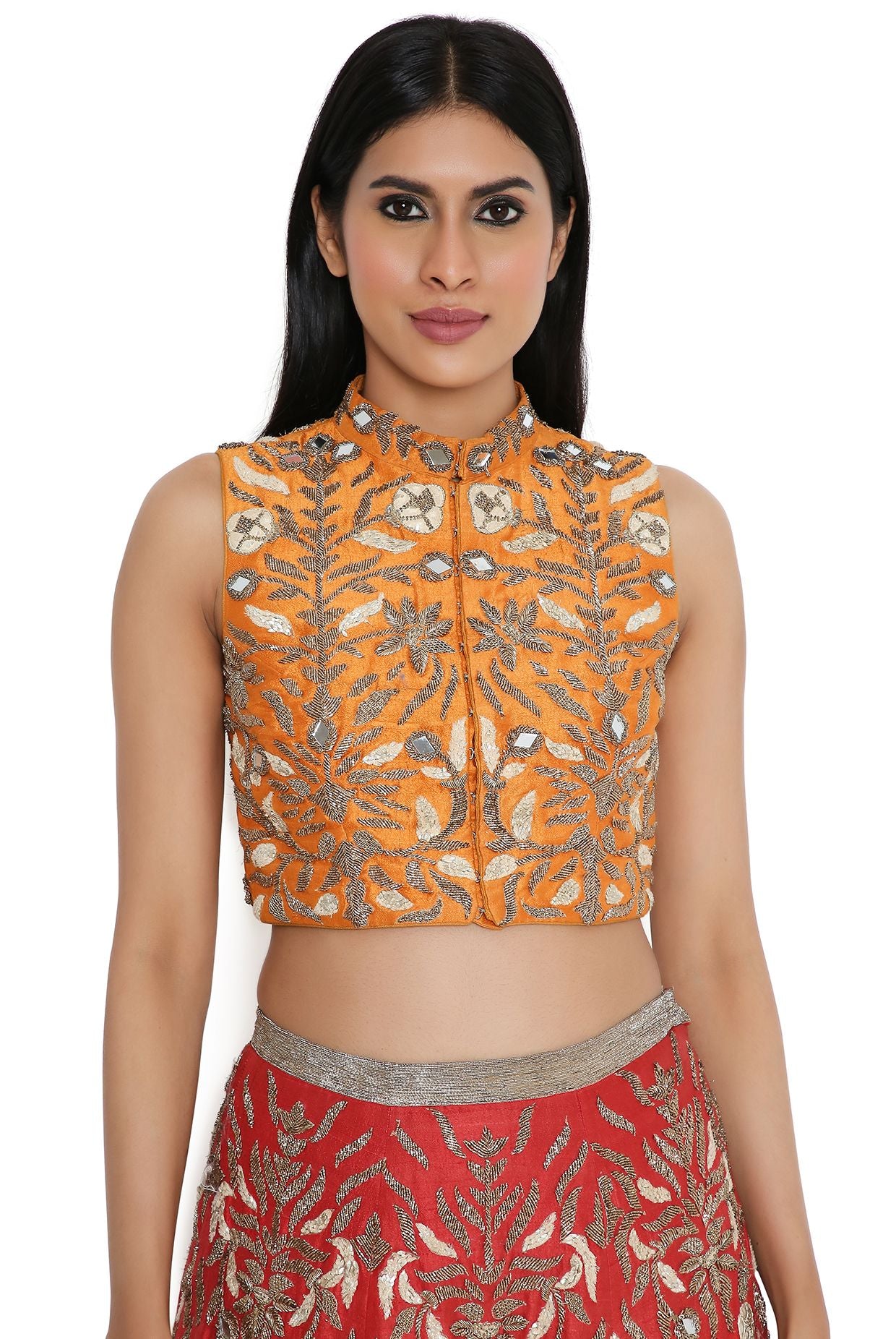 Orange Dupion Silk Embroidered Choli & Red Dupion Silk Embroidered Lehenga With Red Net Embroidered Dupatta