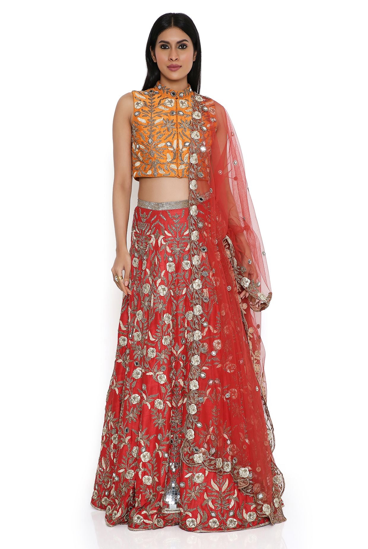 Orange Dupion Silk Embroidered Choli & Red Dupion Silk Embroidered Lehenga With Red Net Embroidered Dupatta