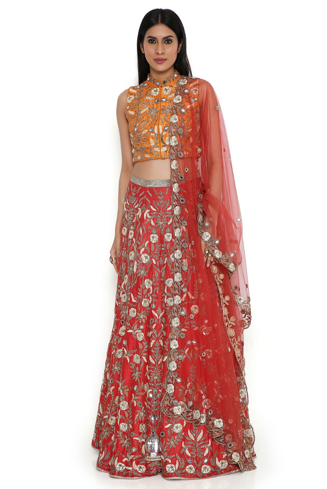 Orange Dupion Silk Embroidered Choli & Red Dupion Silk Embroidered Lehenga With Red Net Embroidered Dupatta