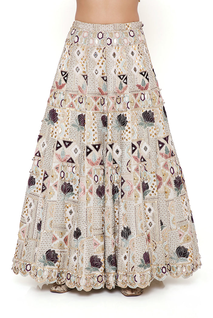 Padma Off White Georgette Embroidered Choli And Lehenga With Mukaish Organza Dupatta