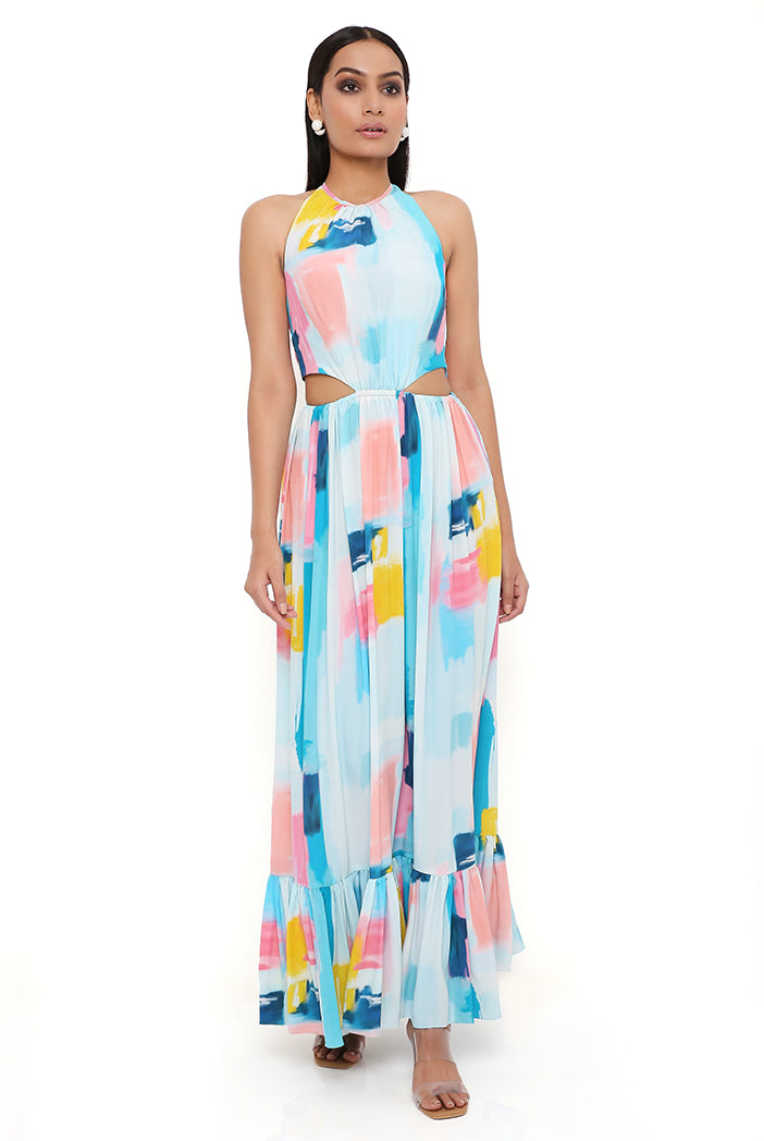 Painterly Print Crepe Alter Neck Waist Cut-Out Dress