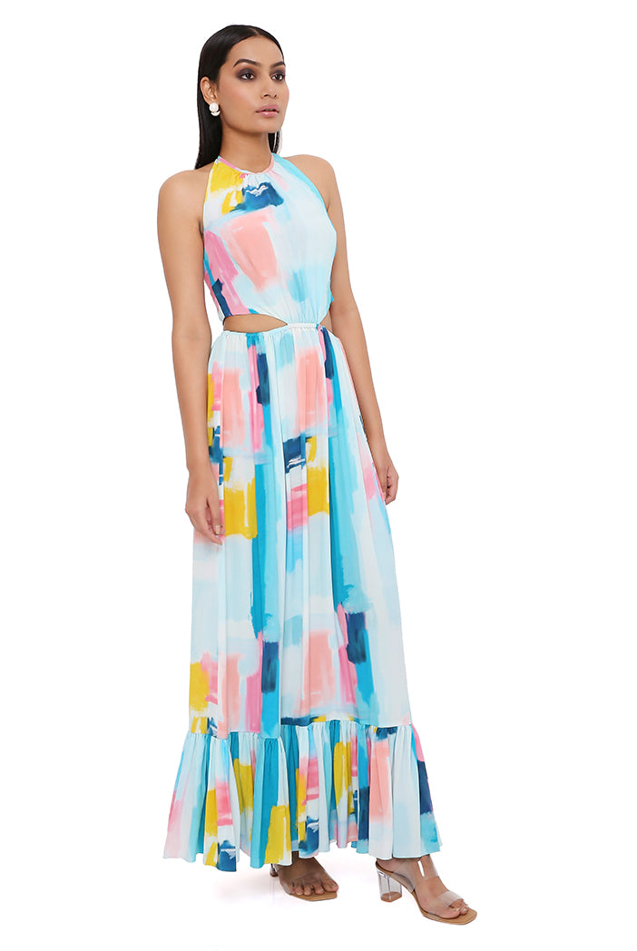 Painterly Print Crepe Alter Neck Waist Cut-Out Dress