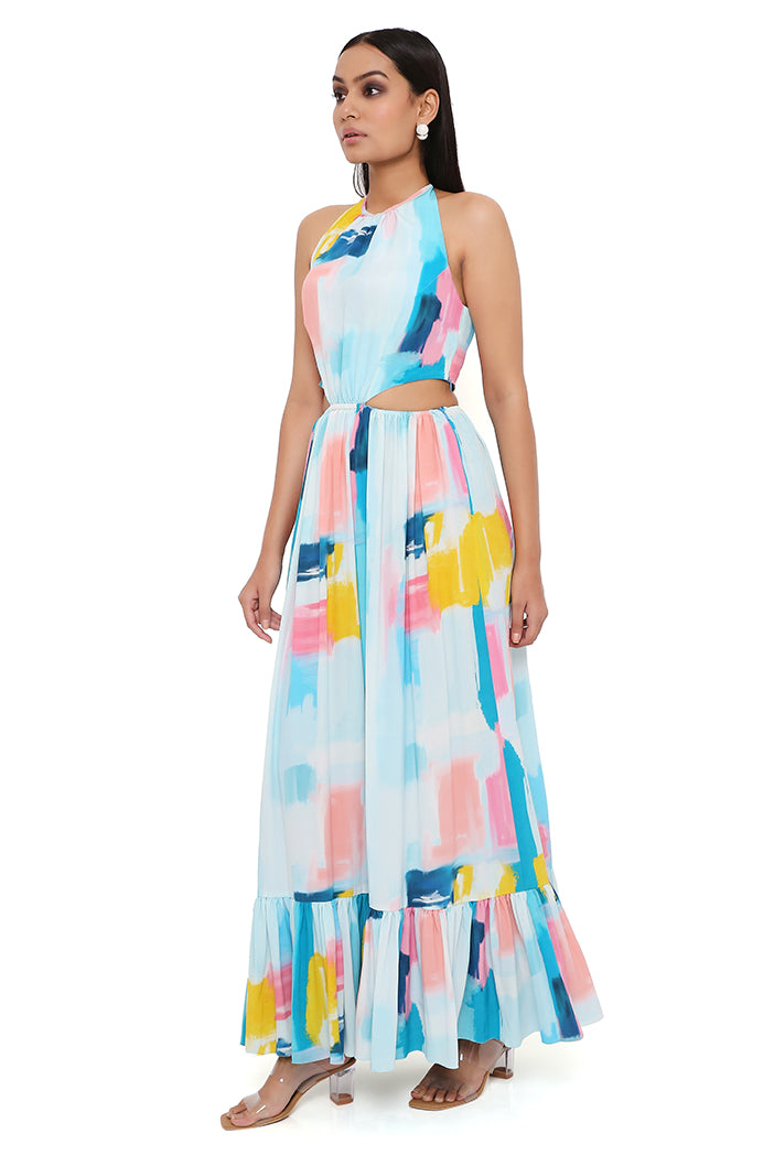 Painterly Print Crepe Alter Neck Waist Cut-Out Dress