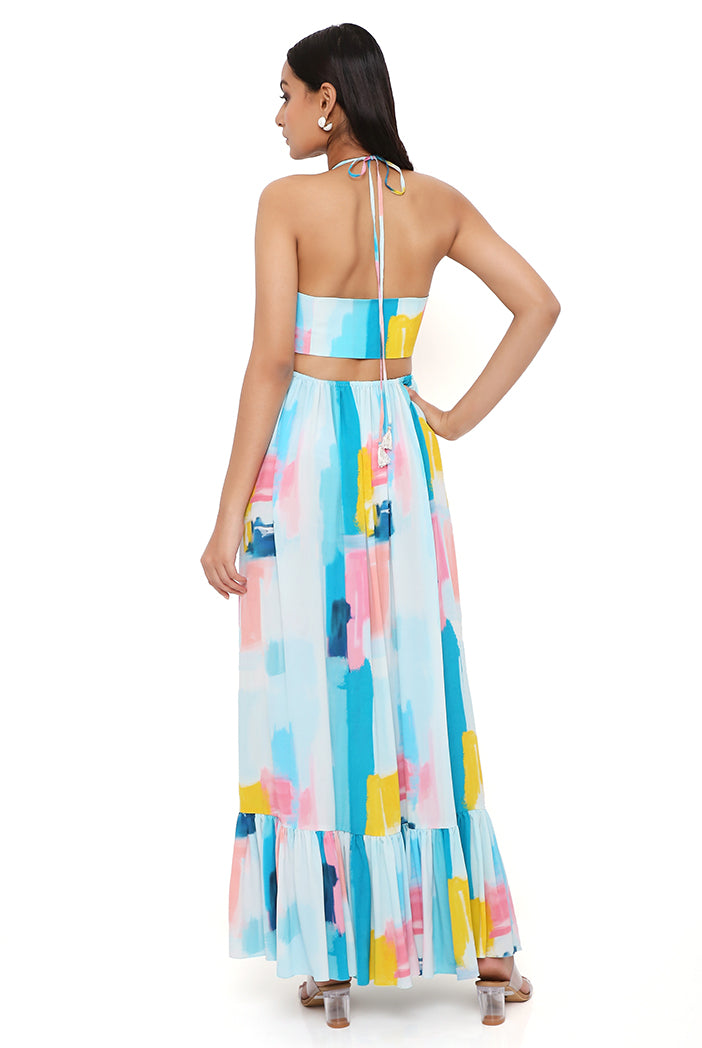 Painterly Print Crepe Alter Neck Waist Cut-Out Dress