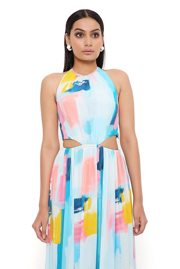 Painterly Print Crepe Alter Neck Waist Cut-Out Dress
