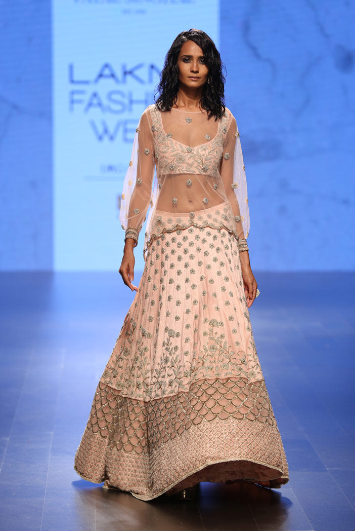 Pakizah Blush Dupion Silk Choli with Lehenga and Net Overlay Top