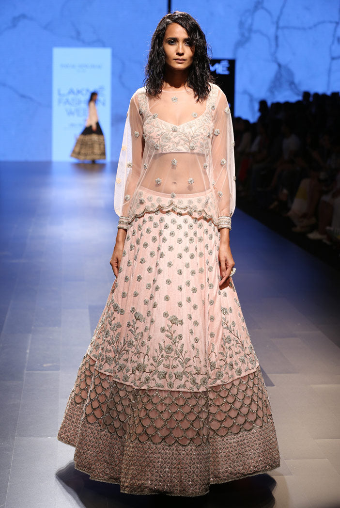 Pakizah Blush Dupion Silk Choli with Lehenga and Net Overlay Top