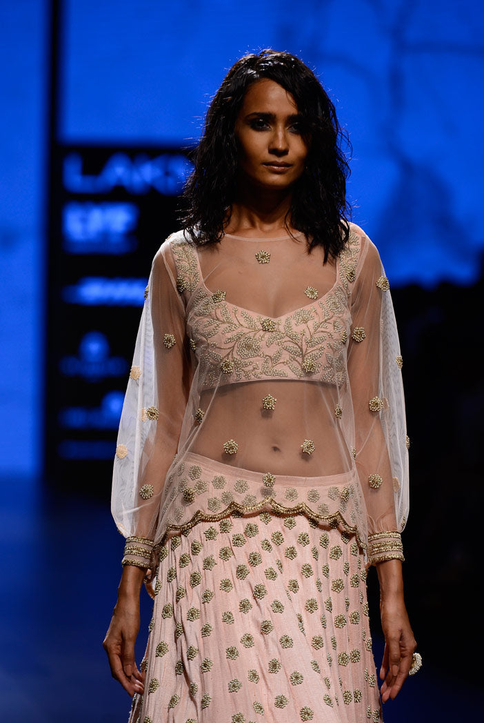 Pakizah Blush Dupion Silk Choli with Lehenga and Net Overlay Top