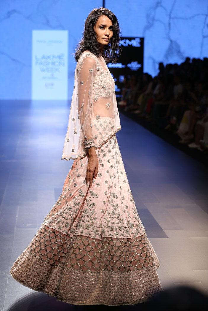 Pakizah Blush Dupion Silk Choli with Lehenga and Net Overlay Top
