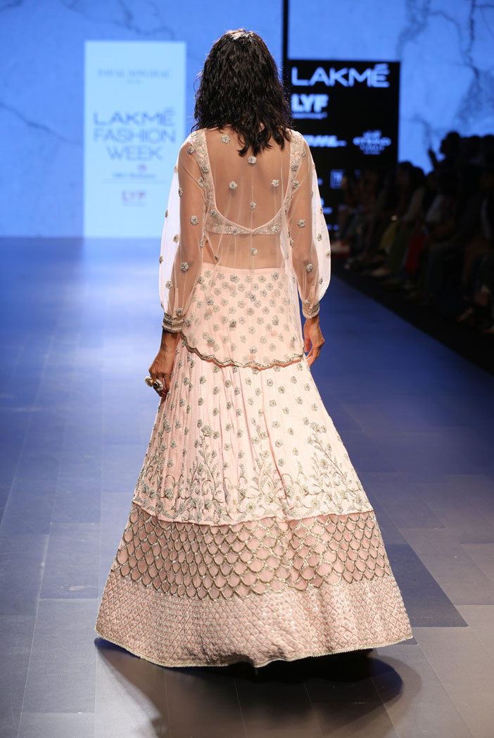 Pakizah Blush Dupion Silk Choli with Lehenga and Net Overlay Top
