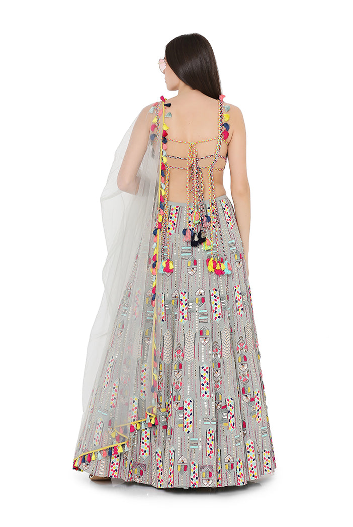 Pale Blue Colour Georgette Back Tie-Up Choli and Lehenga with Net Dupatta
