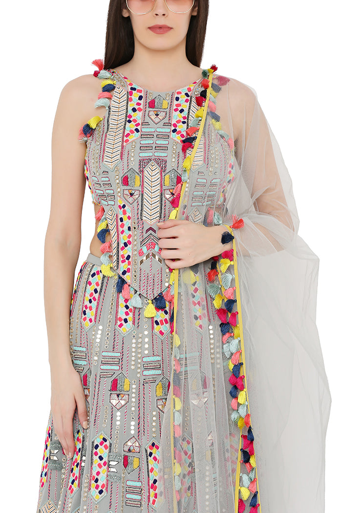Pale Blue Colour Georgette Back Tie-Up Choli and Lehenga with Net Dupatta