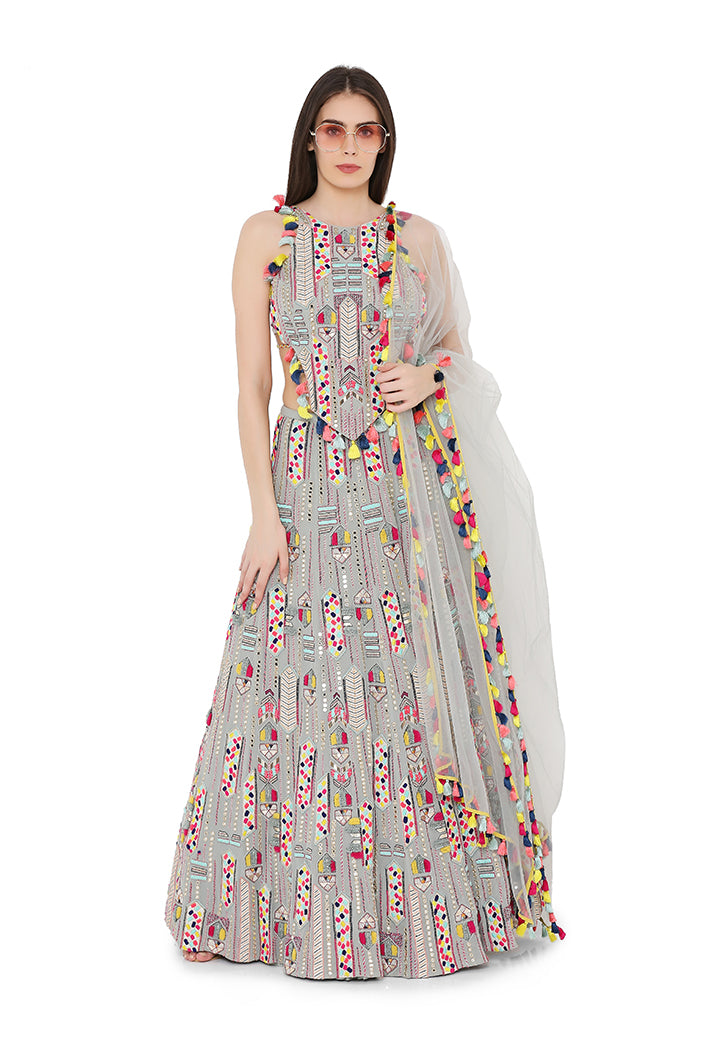 Pale Blue Colour Georgette Back Tie-Up Choli and Lehenga with Net Dupatta