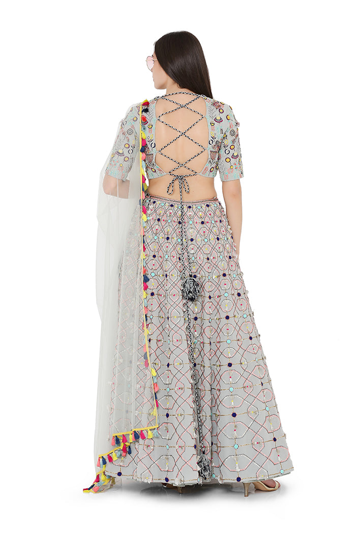 Pale Blue Colour Georgette Back Tie-Up Choli and Lehenga with Net Dupatta