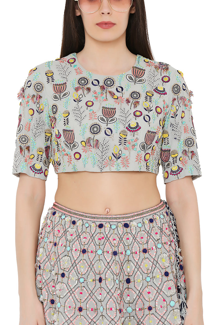 Pale Blue Colour Georgette Back Tie-Up Choli and Lehenga with Net Dupatta