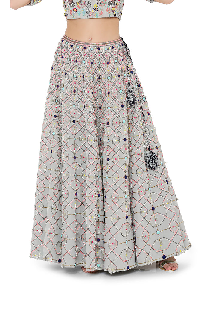 Pale Blue Colour Georgette Back Tie-Up Choli and Lehenga with Net Dupatta
