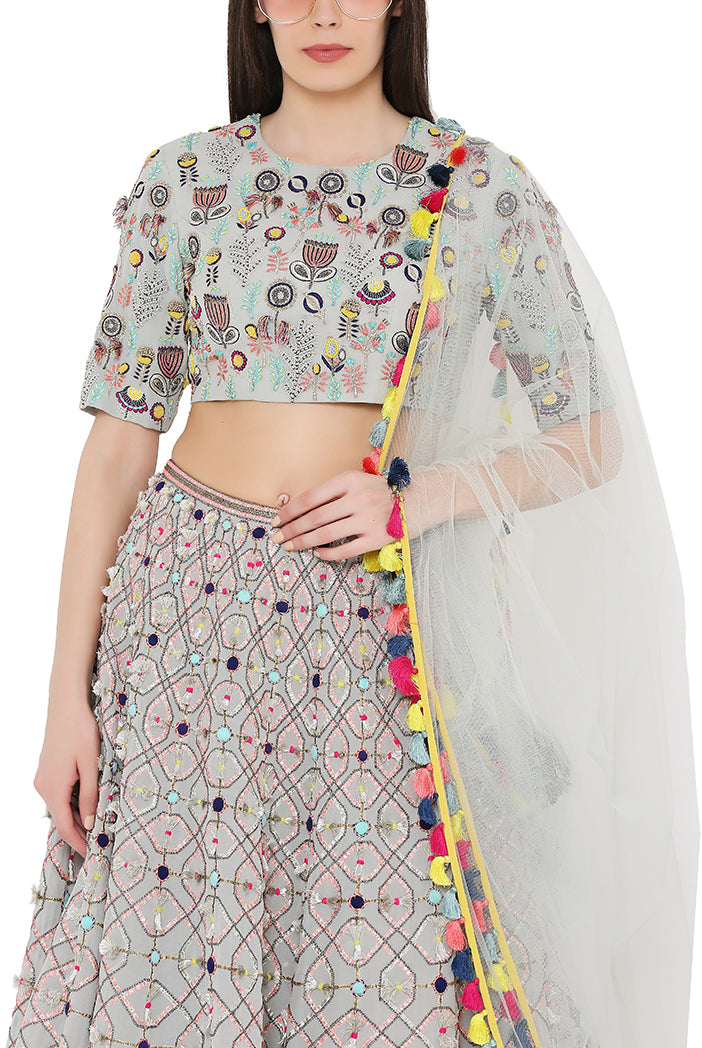 Pale Blue Colour Georgette Back Tie-Up Choli and Lehenga with Net Dupatta