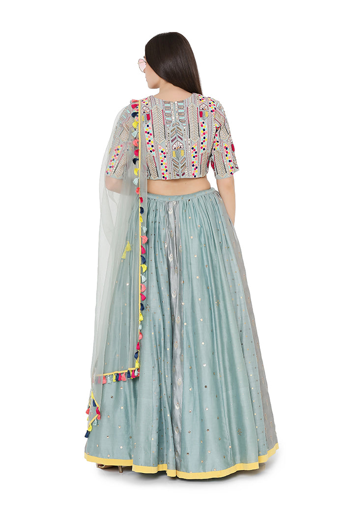 Pale Blue Colour Georgette Choli with Multi Brocade and Mukaish Silkmul Panelled Lehnega with Net Dupatta