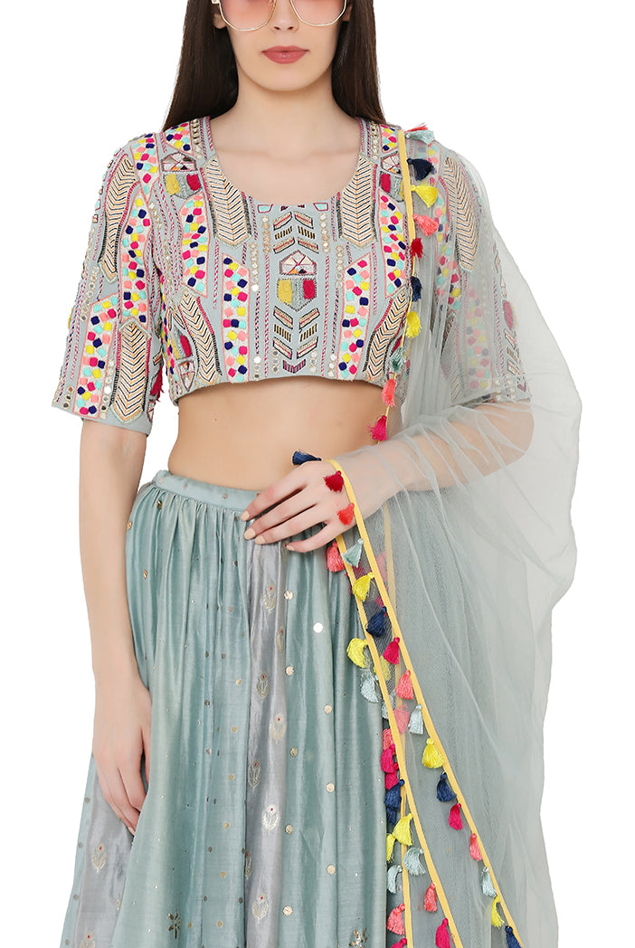 Pale Blue Colour Georgette Choli with Multi Brocade and Mukaish Silkmul Panelled Lehnega with Net Dupatta
