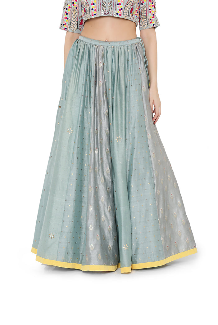 Pale Blue Colour Georgette Choli with Multi Brocade and Mukaish Silkmul Panelled Lehnega with Net Dupatta