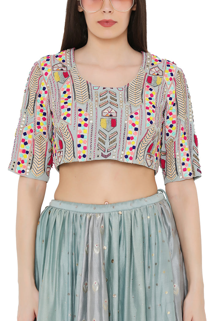 Pale Blue Colour Georgette Choli with Multi Brocade and Mukaish Silkmul Panelled Lehnega with Net Dupatta