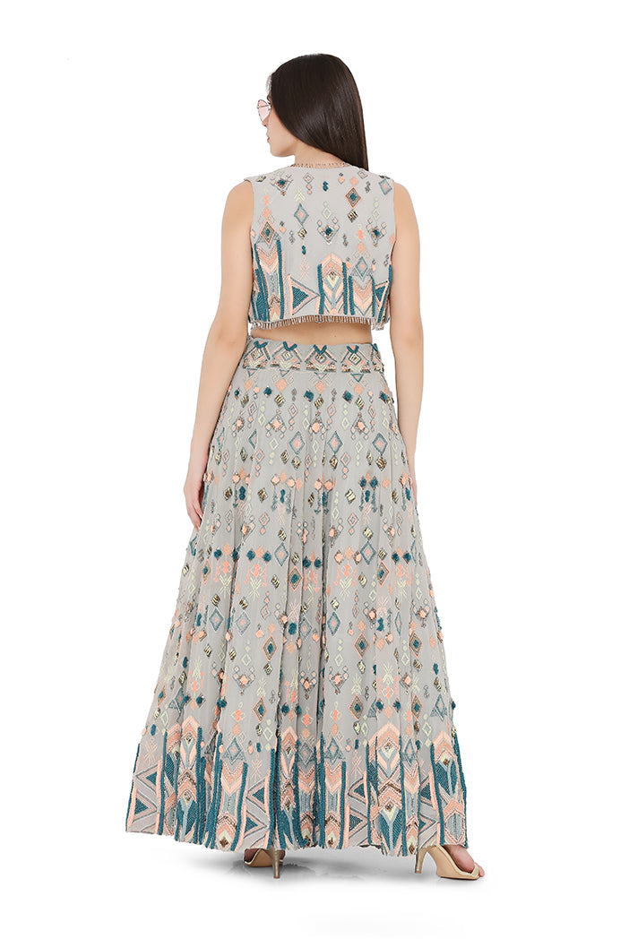 Pale Blue Colour Georgette Short Jacket with Lehenga and Bustier