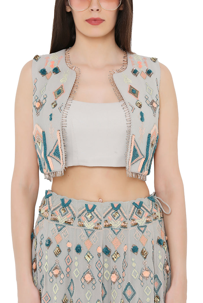 Pale Blue Colour Georgette Short Jacket with Lehenga and Bustier