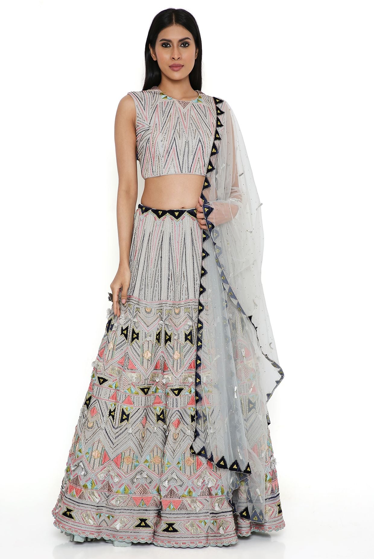 Pale Blue Georgette Embroidered Back Tie-Up Choli With Lehenga And Net Embroidered Dupatta