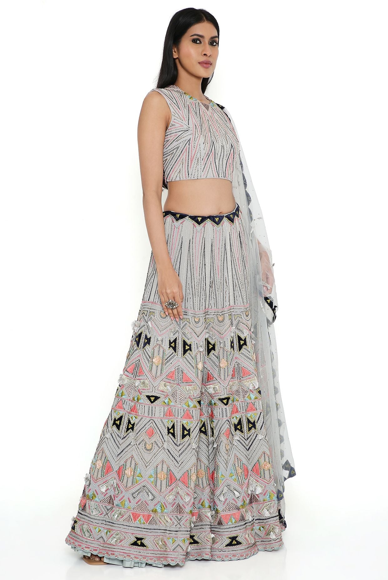 Pale Blue Georgette Embroidered Back Tie-Up Choli With Lehenga And Net Embroidered Dupatta