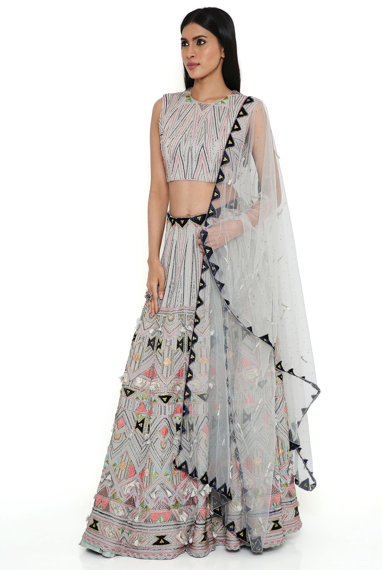 Pale Blue Georgette Embroidered Back Tie-Up Choli With Lehenga And Net Embroidered Dupatta