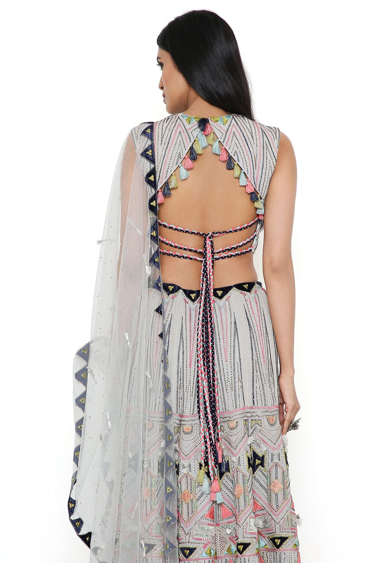 Pale Blue Georgette Embroidered Back Tie-Up Choli With Lehenga And Net Embroidered Dupatta