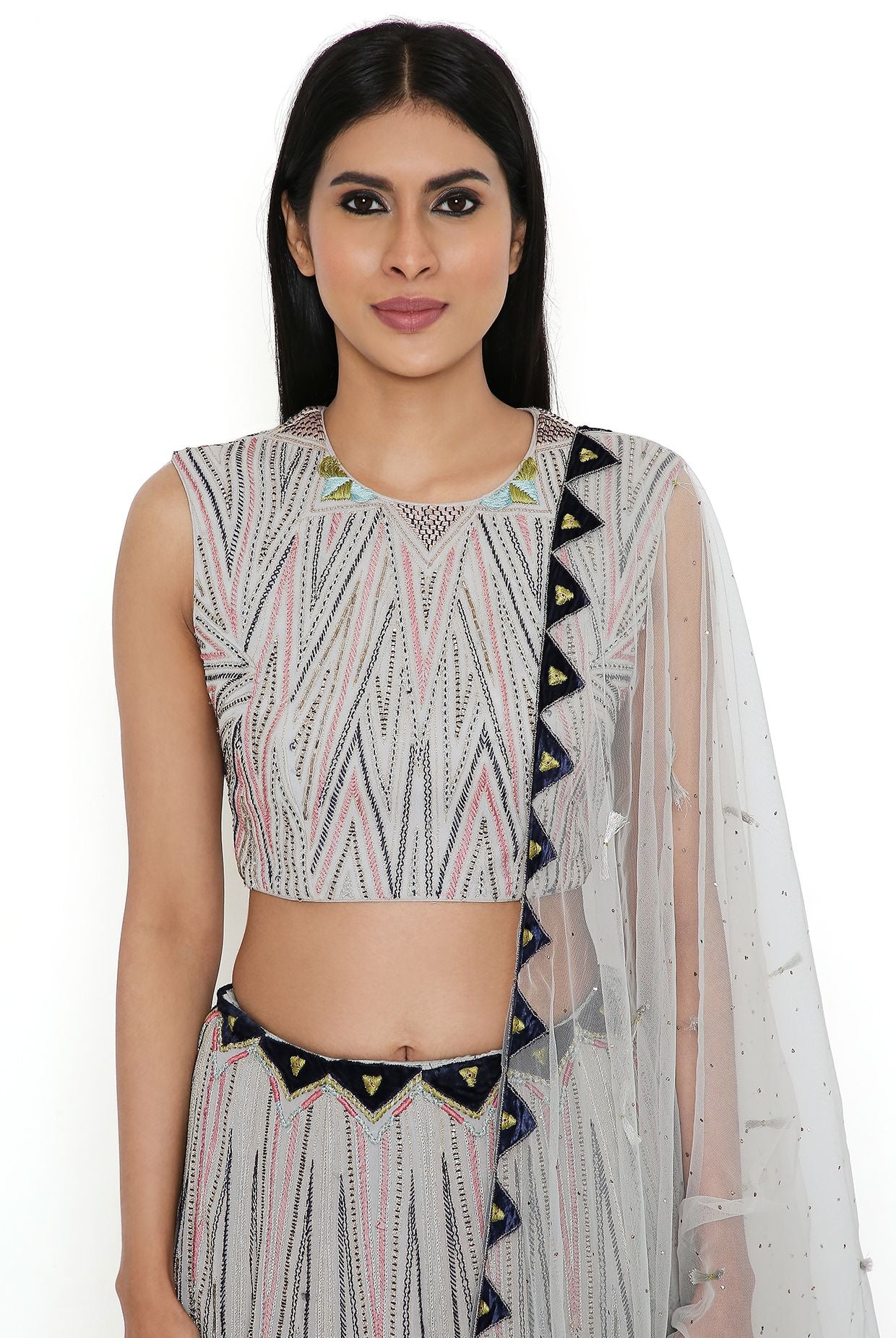 Pale Blue Georgette Embroidered Back Tie-Up Choli With Lehenga And Net Embroidered Dupatta
