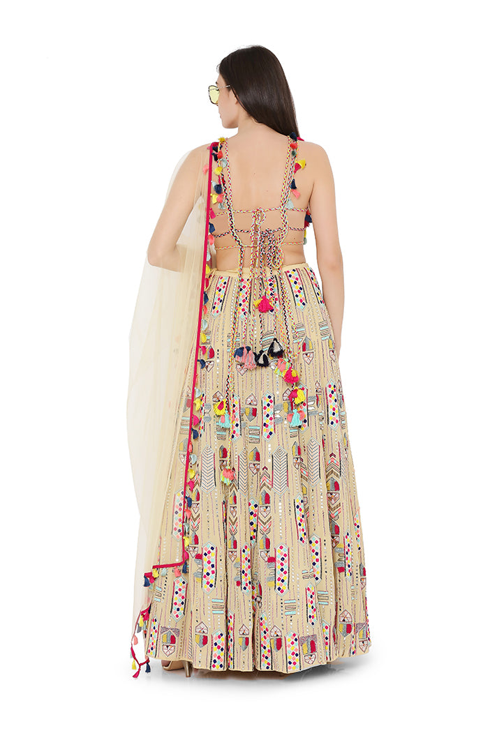 Pale Yellow Colour Georgette Back Tie-Up Choli and Lehenga with Net Dupatta