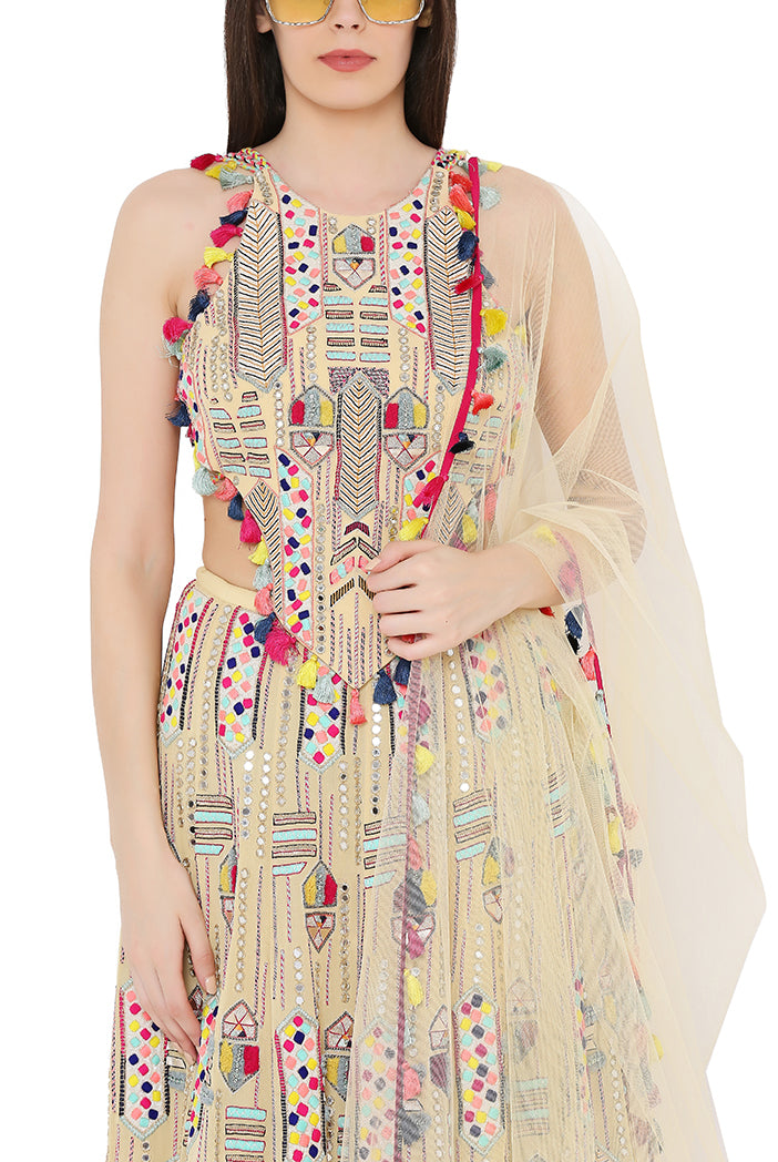 Pale Yellow Colour Georgette Back Tie-Up Choli and Lehenga with Net Dupatta